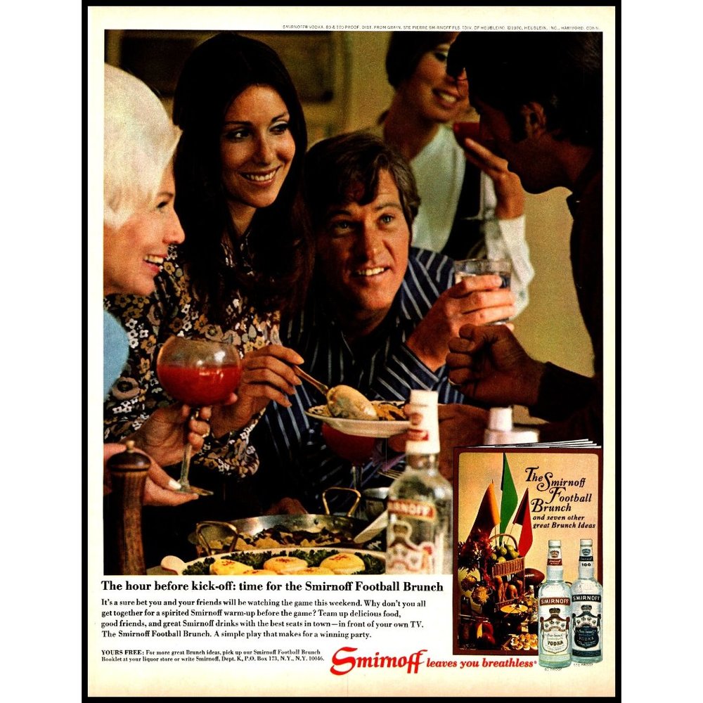 1970 Smirnoff Vodka Football Brunch Vintage Print Ad Football Party Sunday Art
